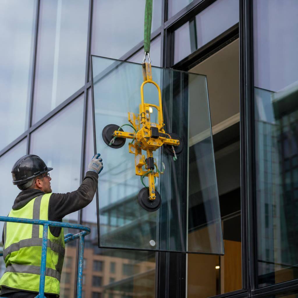 Glazier using lifting equipment to position a glass panel in a curtain wall frame