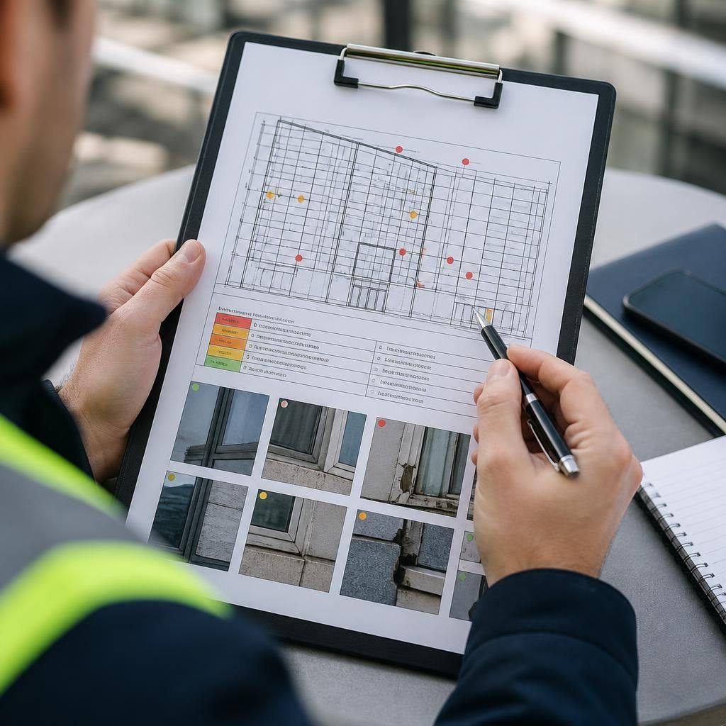 Curtain wall inspection report showing marked-up defects and recommended repair priorities