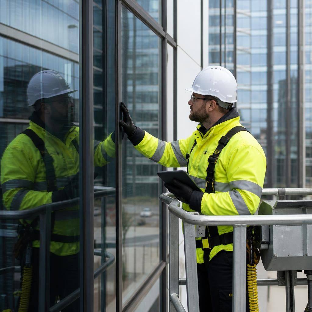 Glazing engineer inspecting curtain wall panels from a mobile access platform