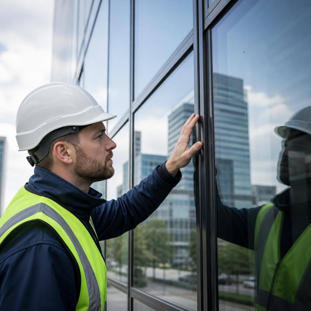 Technician inspecting seals and panels on a commercial curtain wall