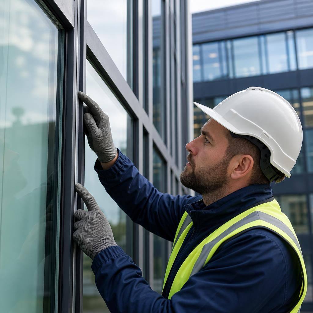 Glazier inspecting seals and frame joints on a commercial curtain wall