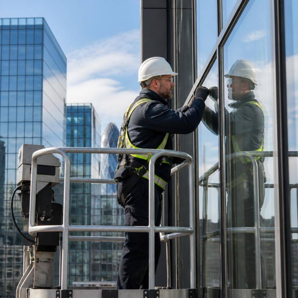 Glazier inspecting curtain wall joints from a mobile access platform