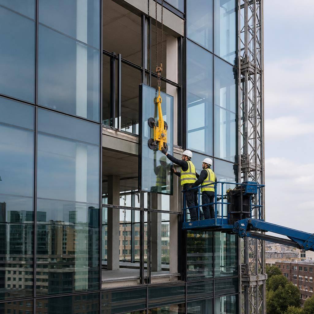 Curtain wall panels being replaced on a multi-storey commercial building