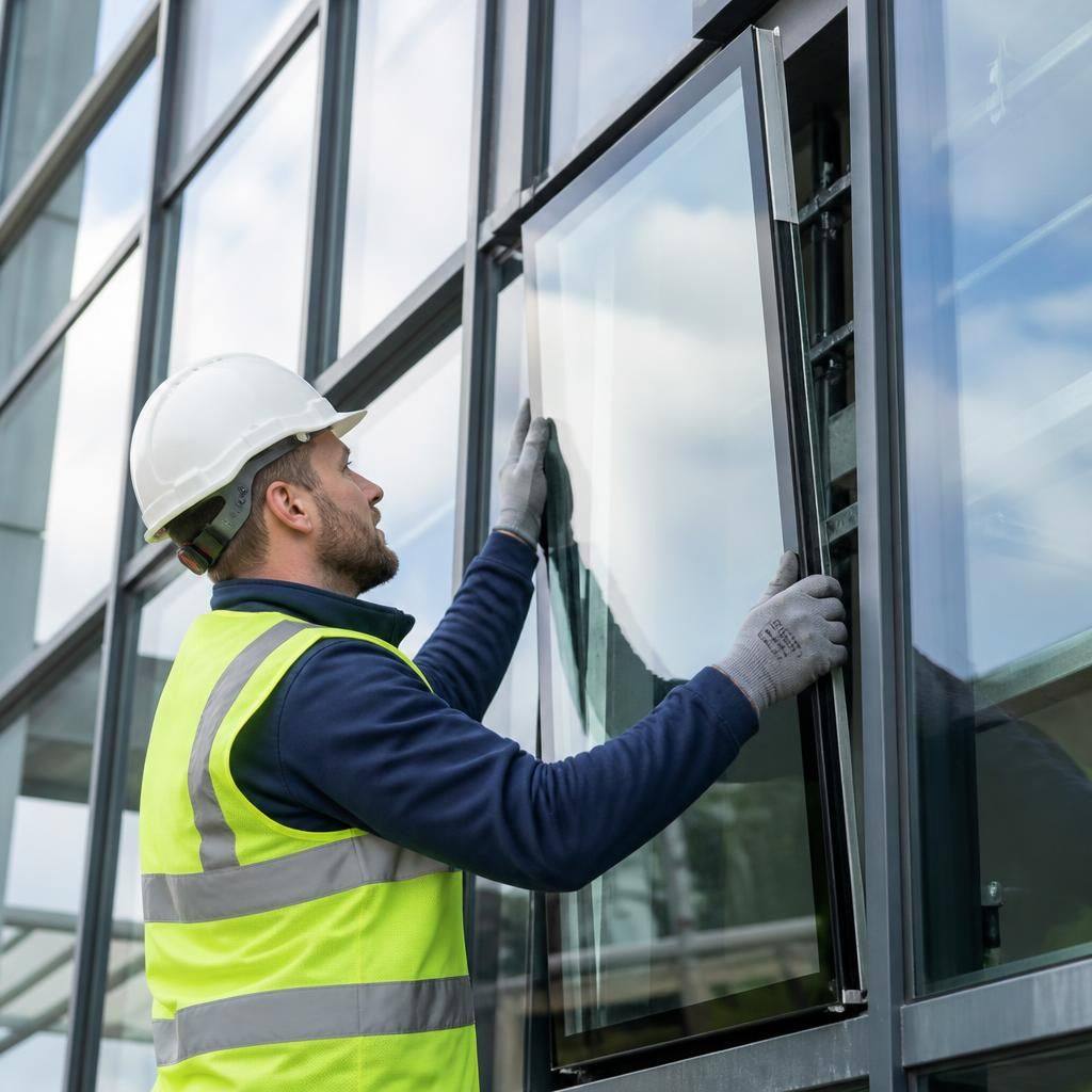 Glazier fitting a replacement glass panel within a commercial curtain wall frame