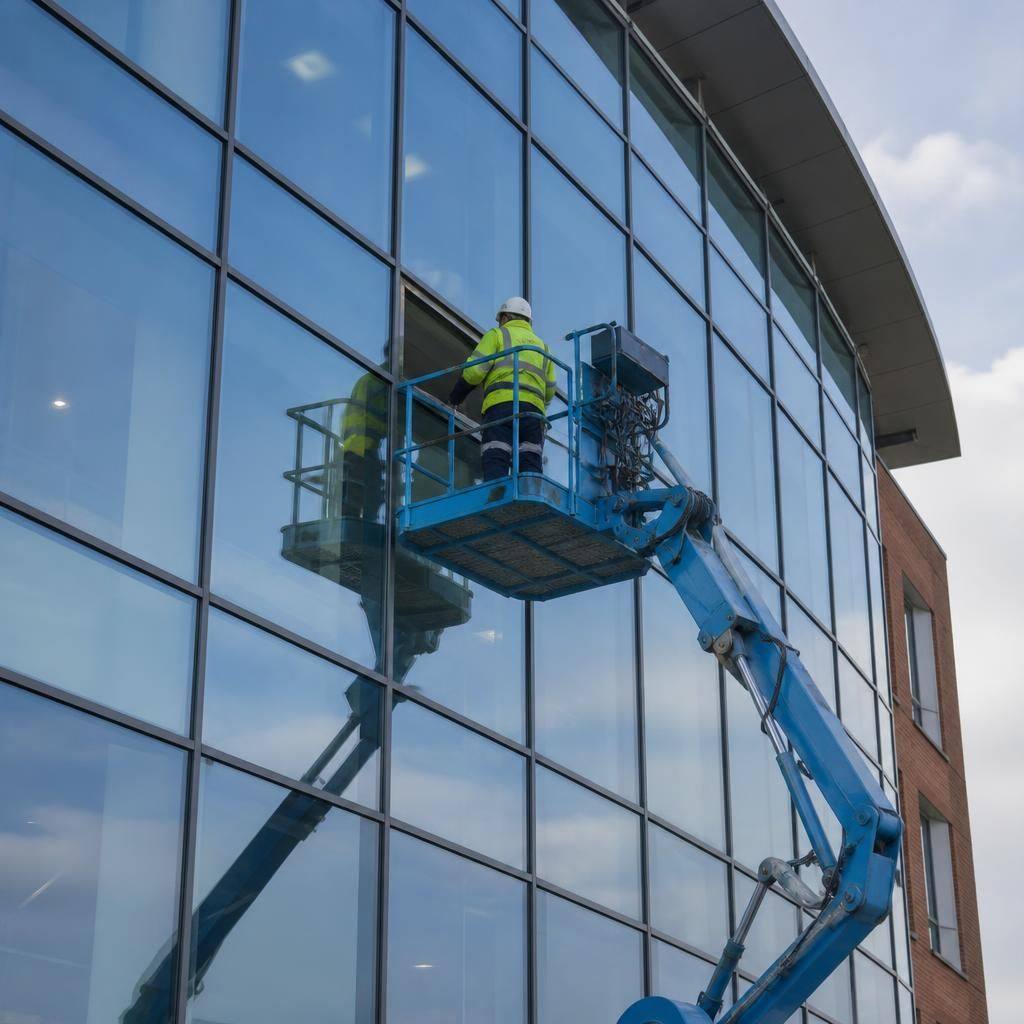 Commercial building curtain wall with a mobile access platform beside the façade