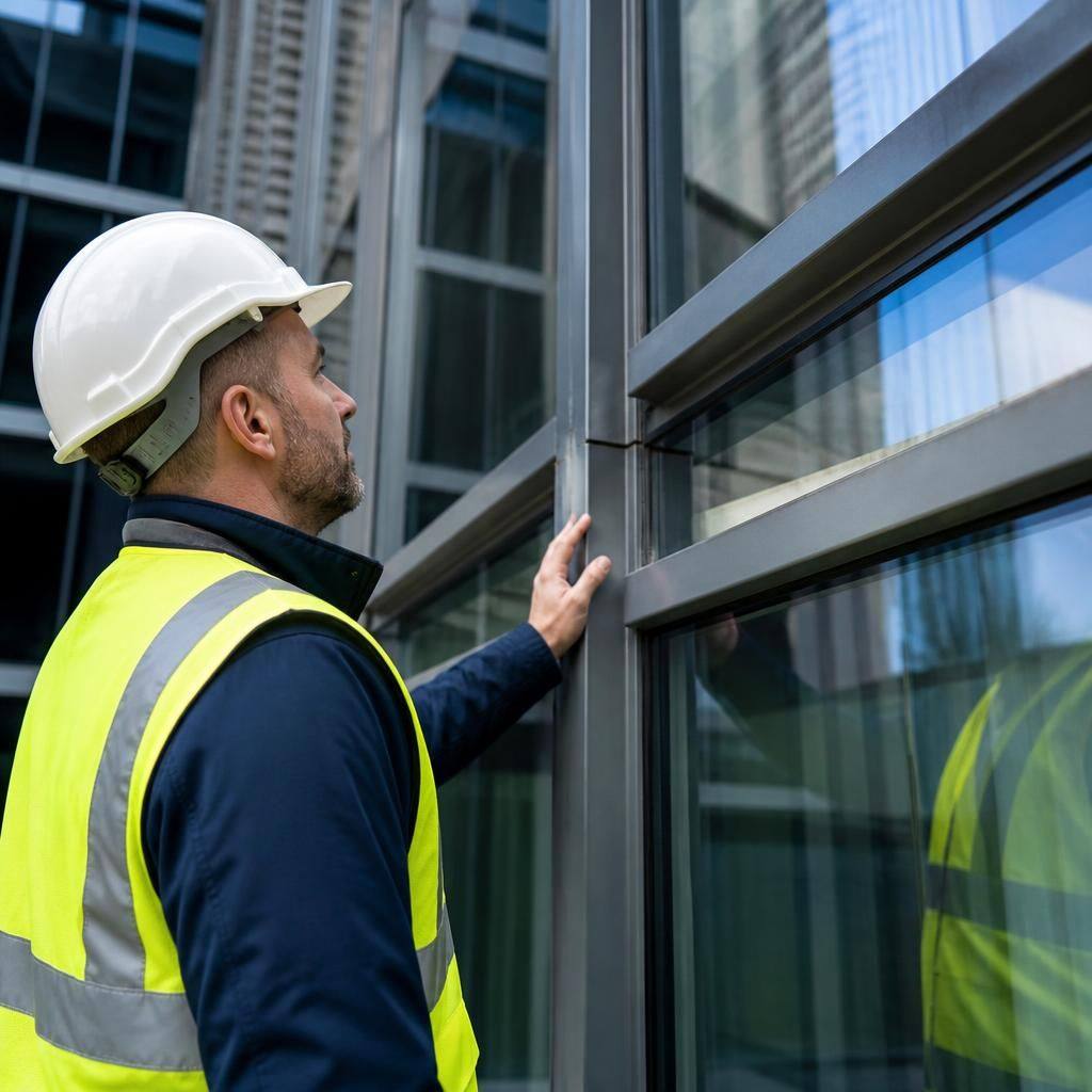 Glazier inspecting curtain wall framing and sealed panels on a commercial building