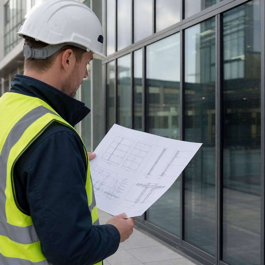 Glazier reviewing curtain wall drawings and panel details at a commercial building