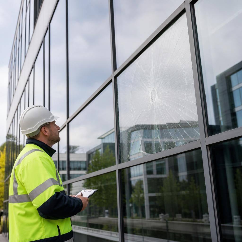 Glazier inspecting damaged curtain walling on a commercial building