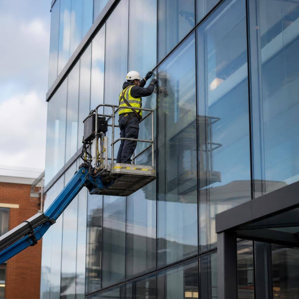 Glazier using a mobile elevated work platform beside a commercial curtain wall