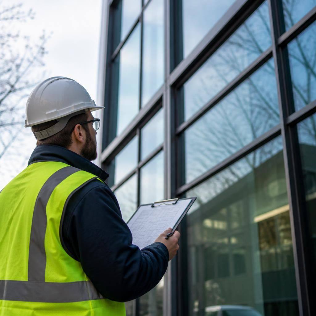 Glazier inspecting glass panels and framing on a commercial curtain wall façade
