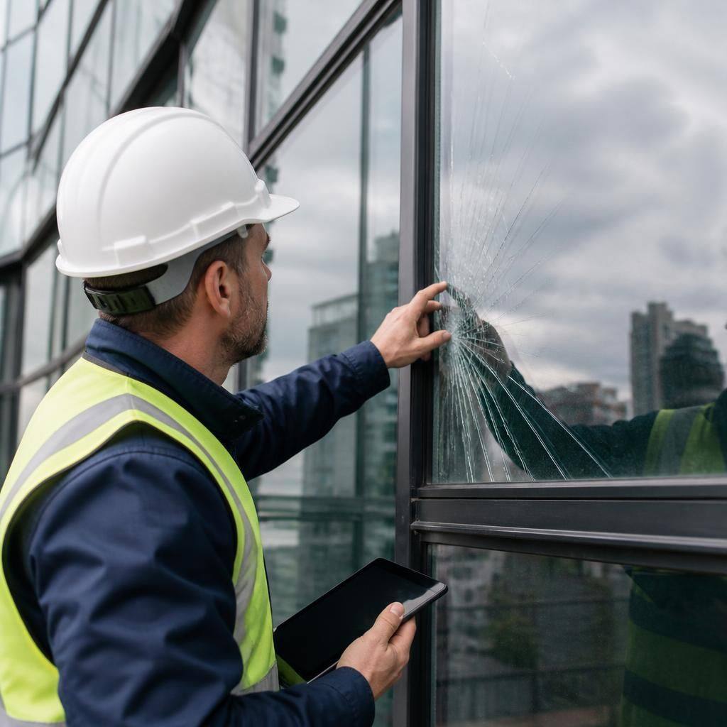 Surveyor examining a damaged glass panel within a commercial curtain walling system