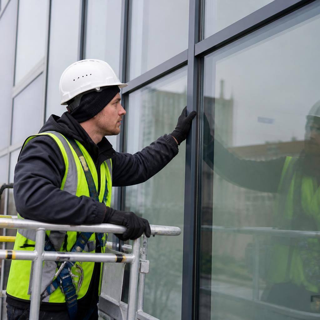 Glazier inspecting a repaired curtain wall frame and glass panel from a mobile access platform