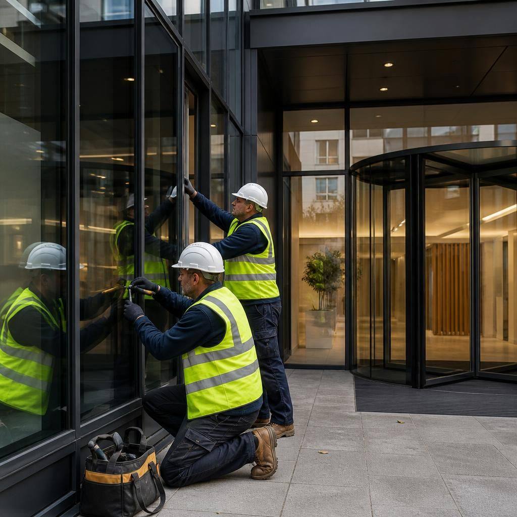 Glaziers repairing curtain walling beside a screened commercial office entrance