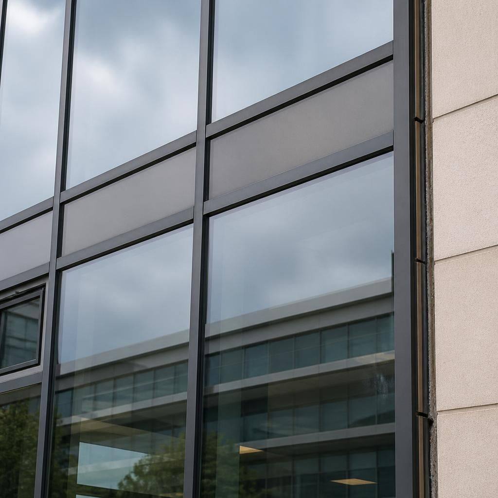 Commercial curtain wall panel showing glazing, frame and perimeter joints