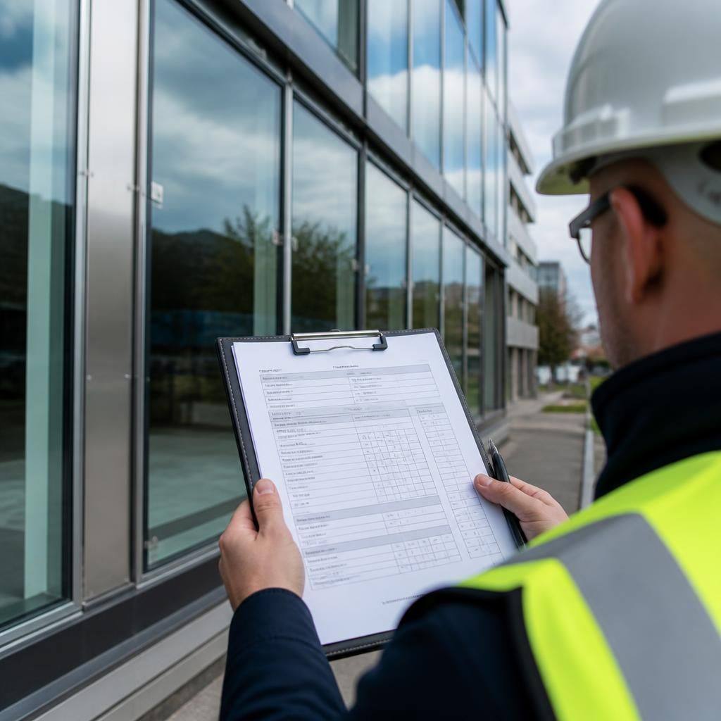 Curtain walling repair record beside a glazed commercial façade