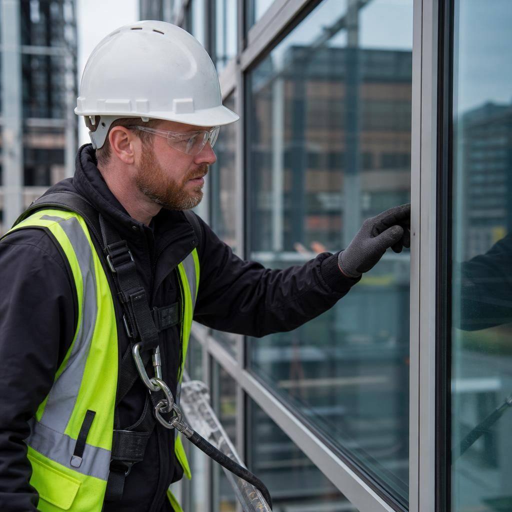 Glazier wearing protective equipment while inspecting a curtain wall panel
