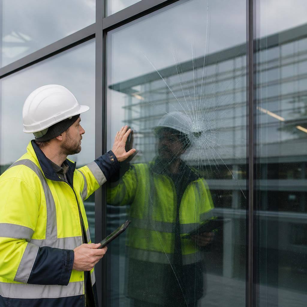 Technician inspecting a damaged glass panel within a curtain wall façade