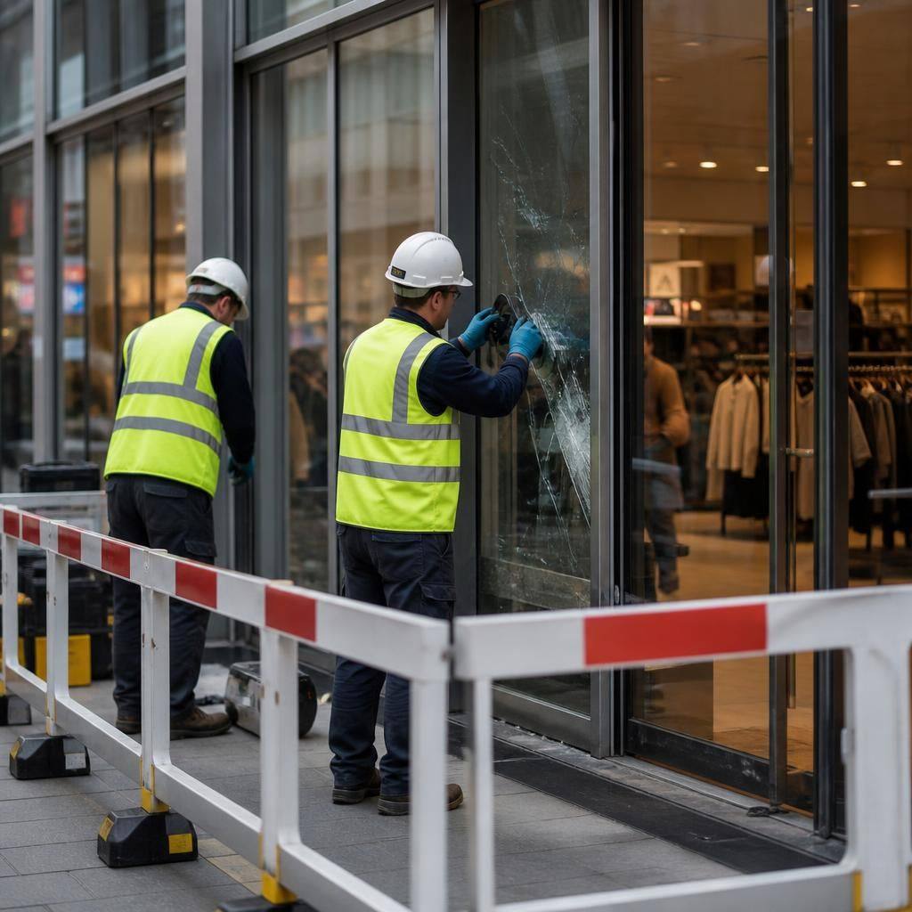 Glazing technicians working behind barriers beside a damaged shop front in an occupied commercial building