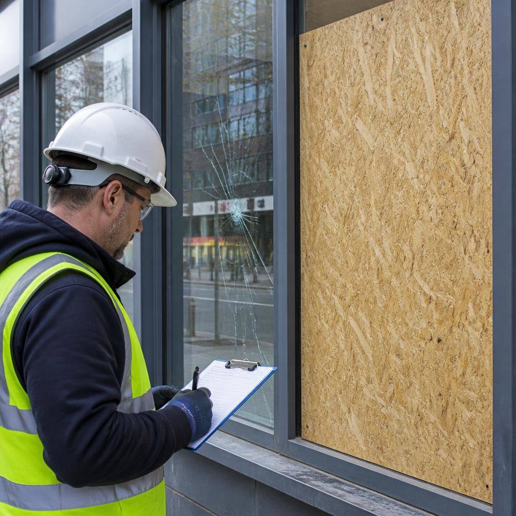 Glazier inspecting a damaged commercial window frame beside a temporarily boarded opening