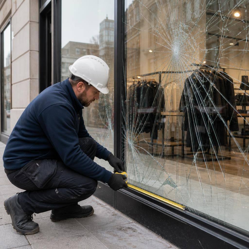 Glazier inspecting shattered shop front glass with a tape measure