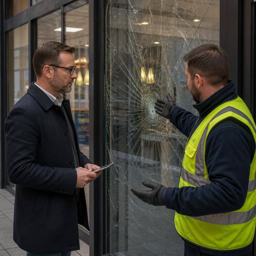 Facilities manager discussing damaged shopfront glass with a glazing technician