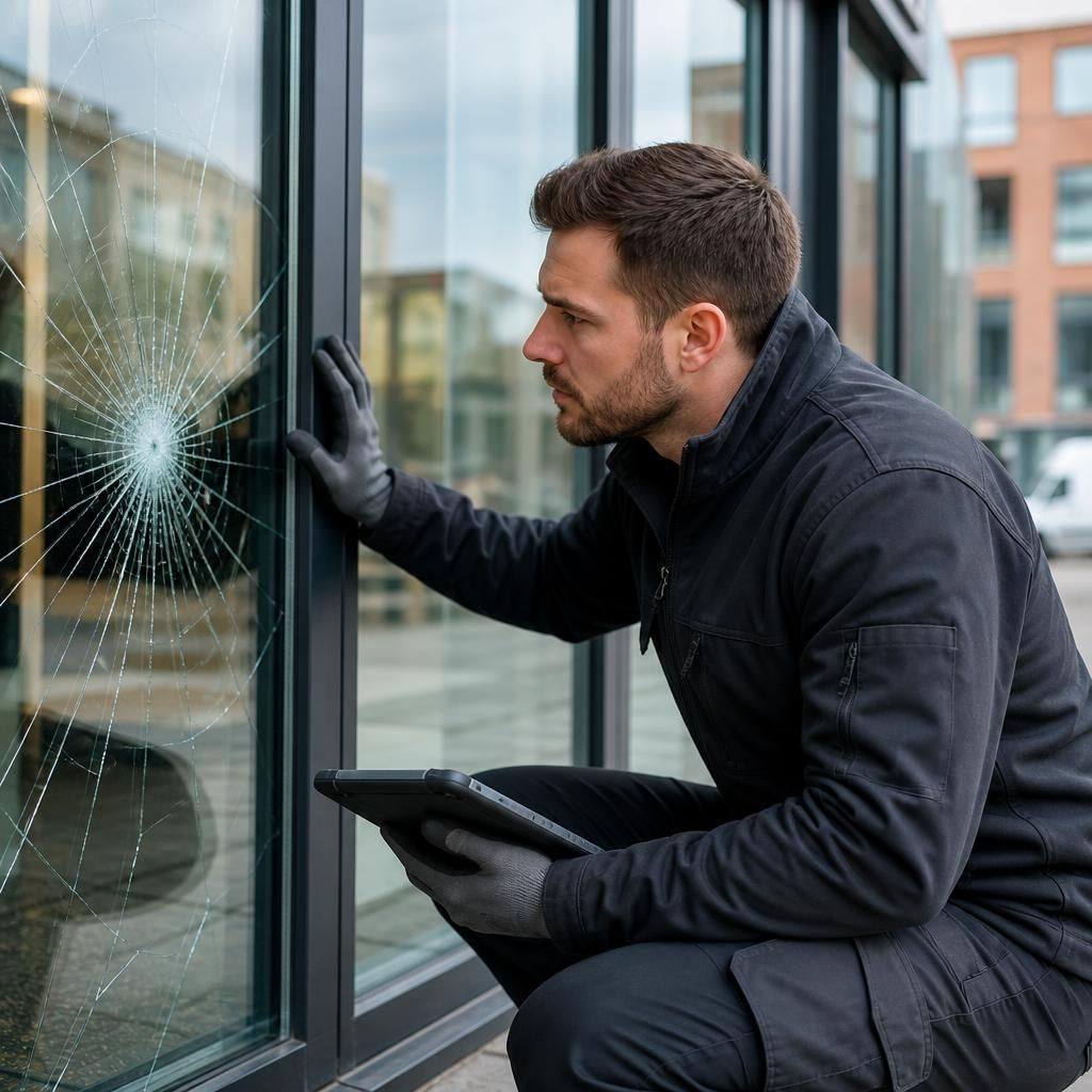 Glazier inspecting damaged glass beside a commercial shop front