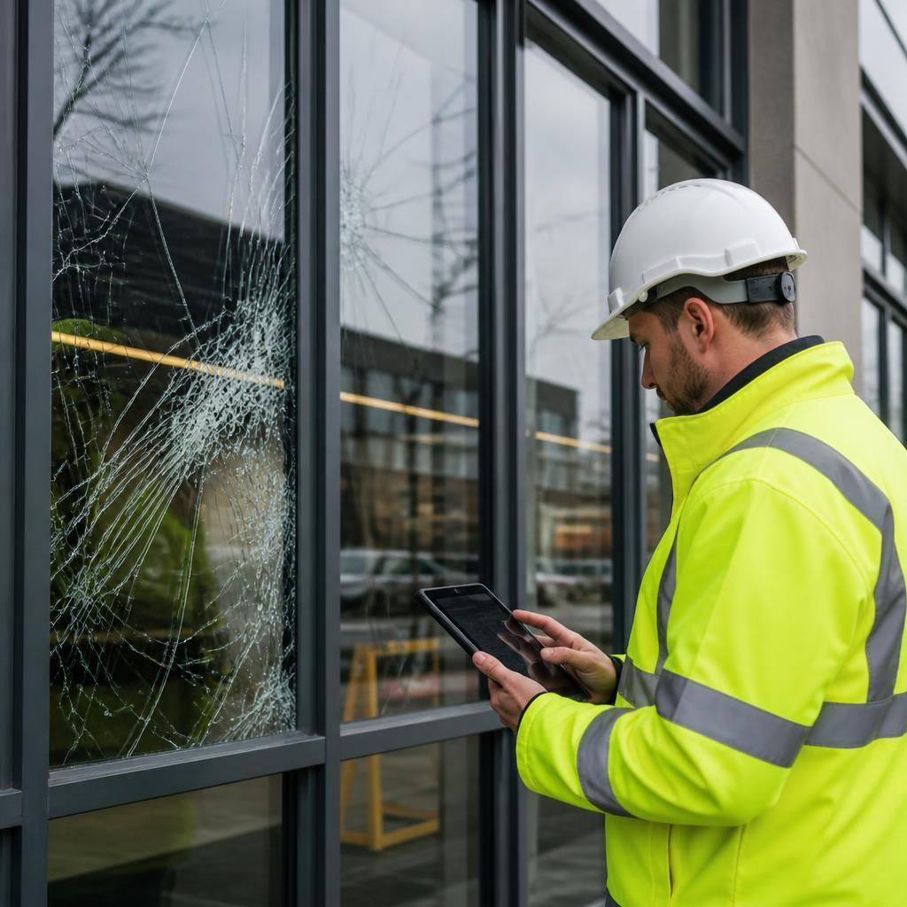 Glazier inspecting damaged glass and its surrounding commercial window frame