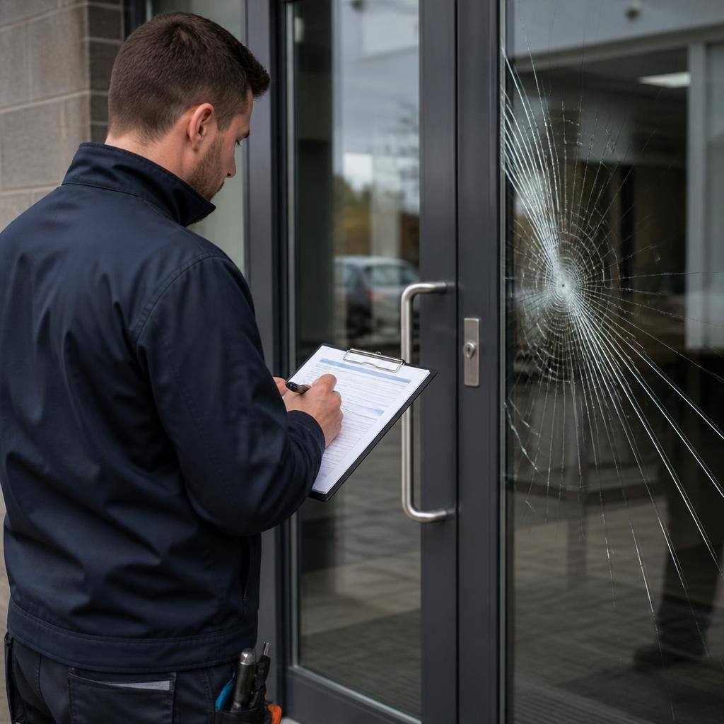 Glazier inspecting a damaged commercial glass door with a quotation document