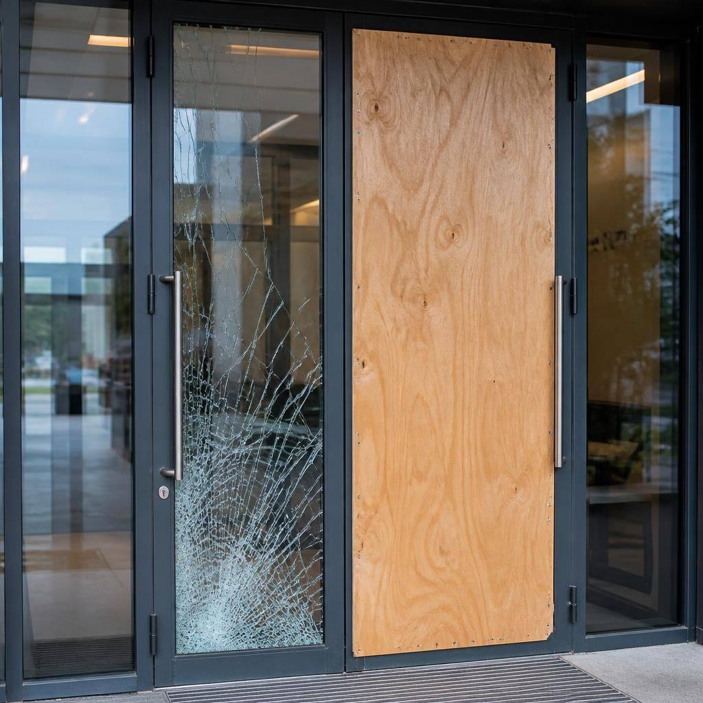 Commercial glass door with a cracked pane and temporary protective boarding