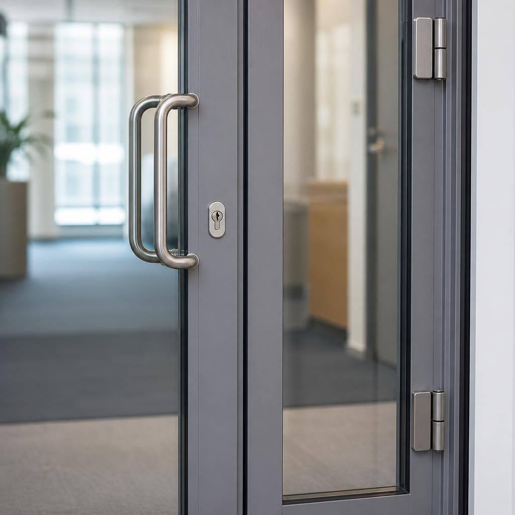 Commercial glazed door showing its handle, hinges and lock