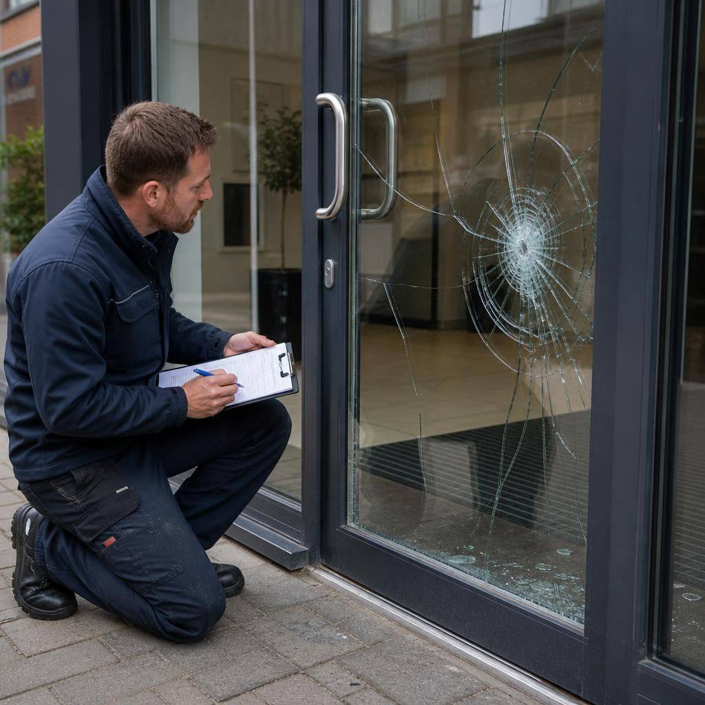 Glazier examining a damaged glass door at a commercial entrance