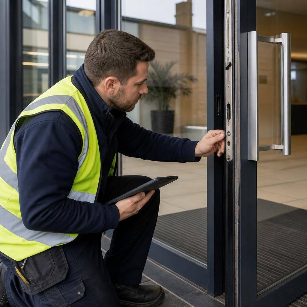 Glazier inspecting the frame and hardware of a commercial glass door