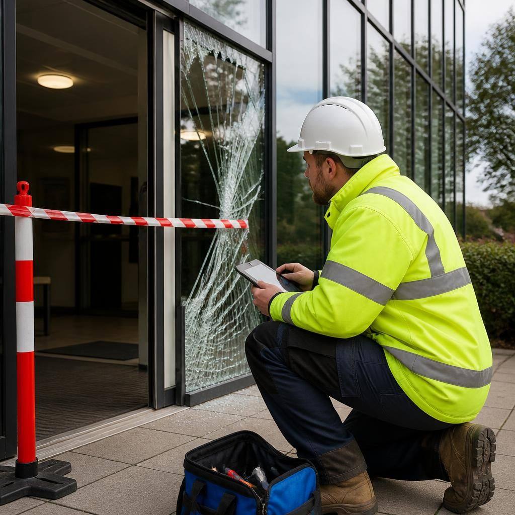 Glazier assessing damaged glass beside a cordoned commercial entrance
