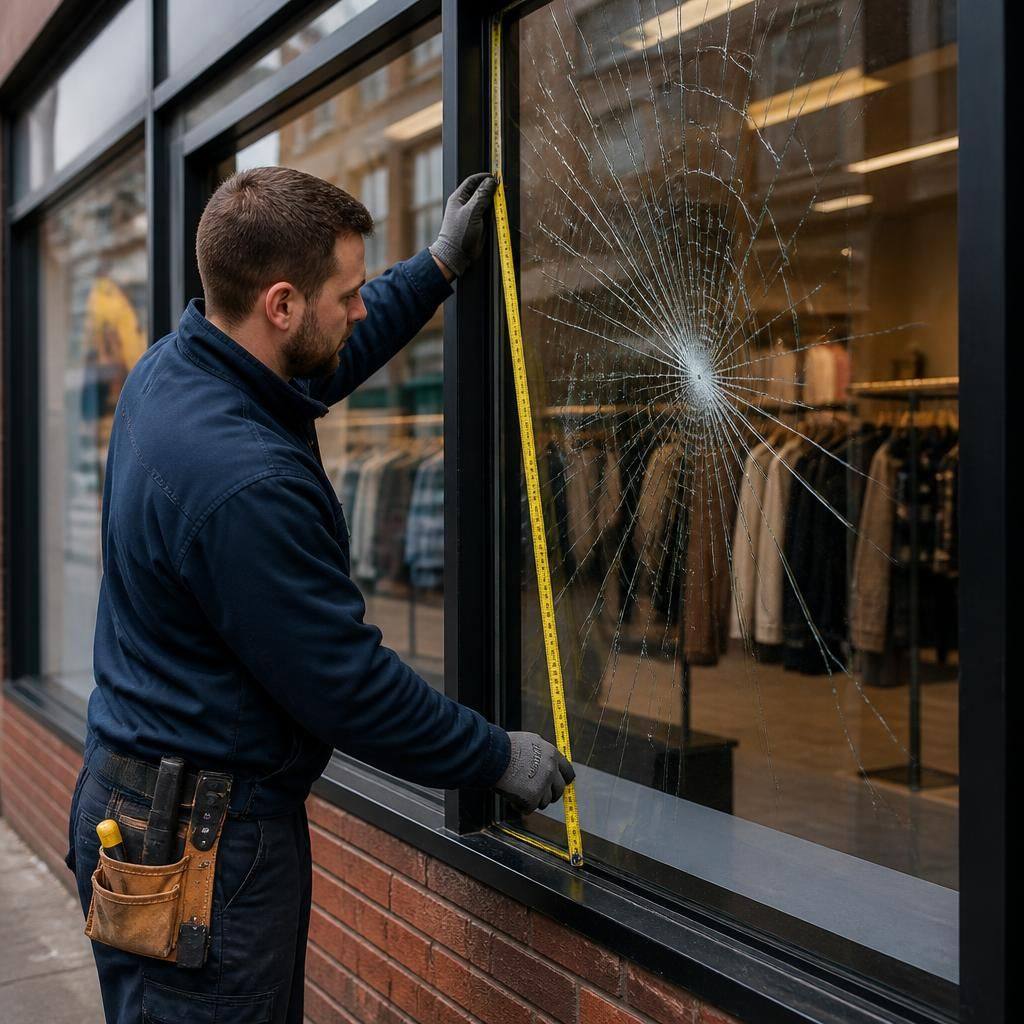 Glazier measuring a damaged glass panel in a commercial shop front