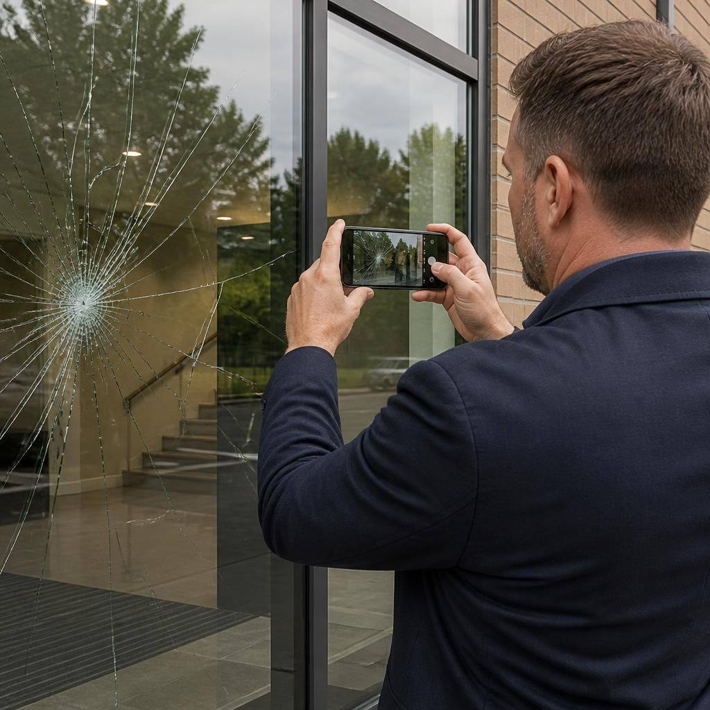 Business manager documenting damage to a cracked commercial window
