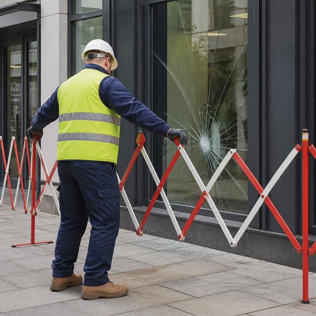 Glazier placing protective barriers around a damaged commercial window