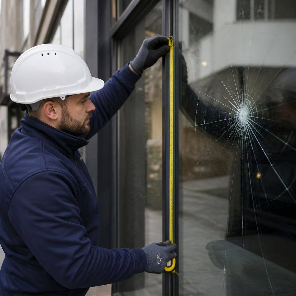 Glazier measuring a damaged commercial window before arranging replacement glass