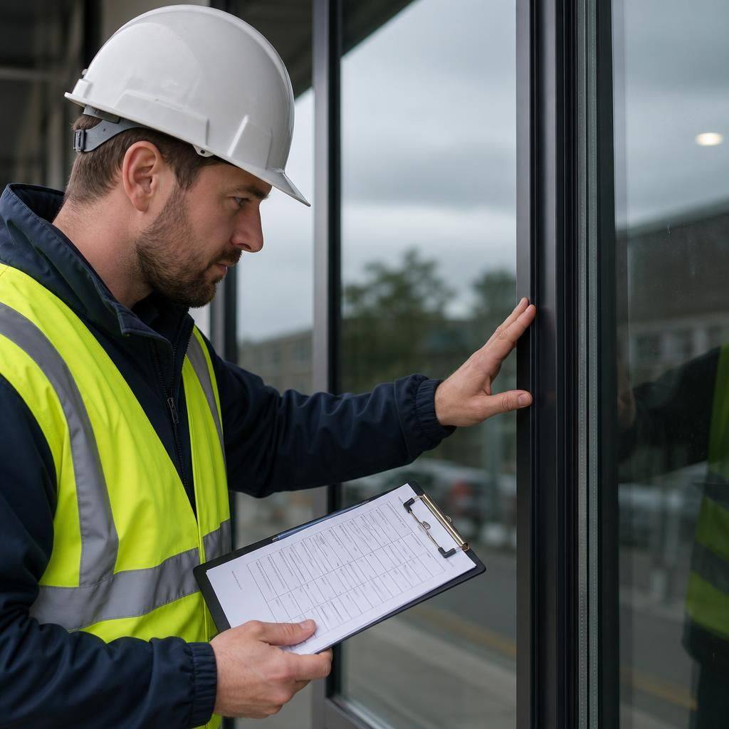 Glazier inspecting a commercial window frame and replacement glass with a checklist