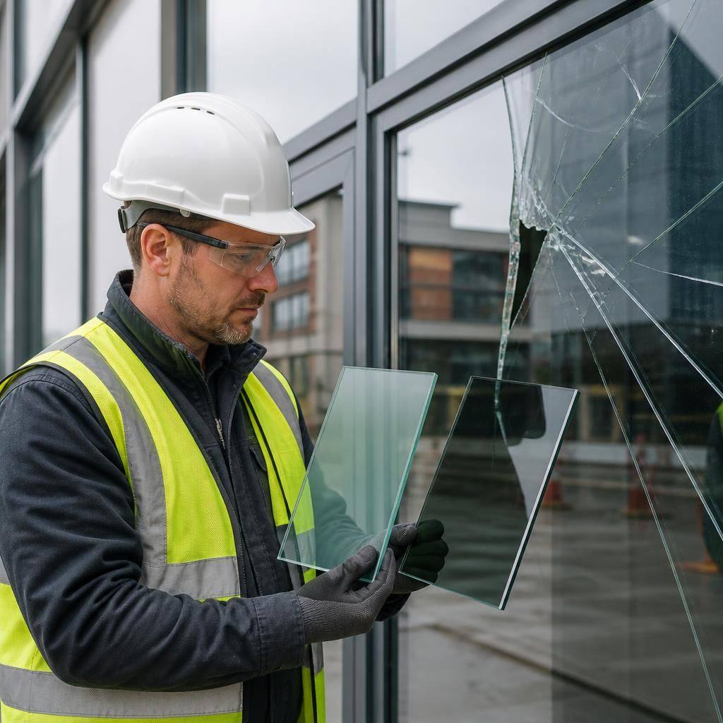Glazier comparing replacement glass samples beside a damaged commercial window panel