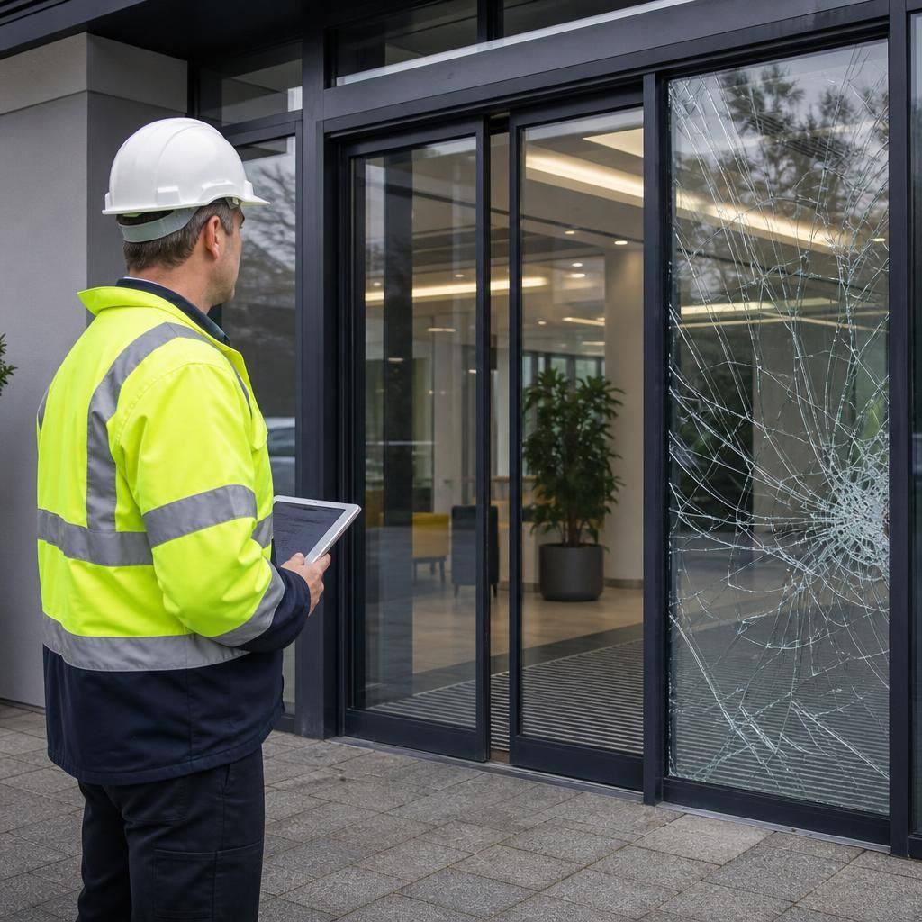 Glazier assessing damaged glass at a commercial entrance