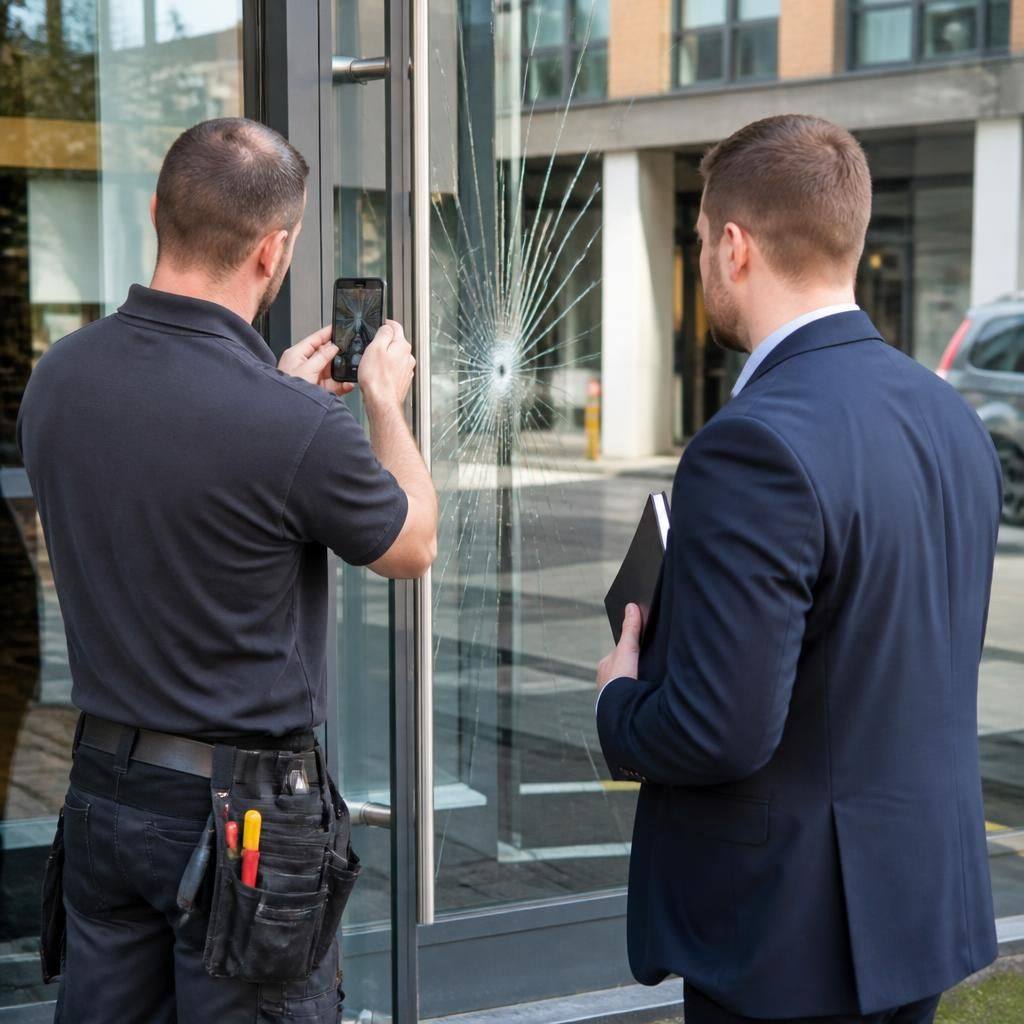 Glazier assessing damaged glass at a commercial entrance with a site representative