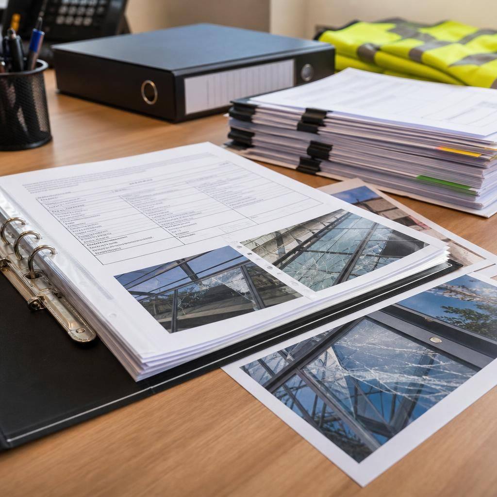 Organised commercial glazing repair documents, photographs and inspection records in a property maintenance file