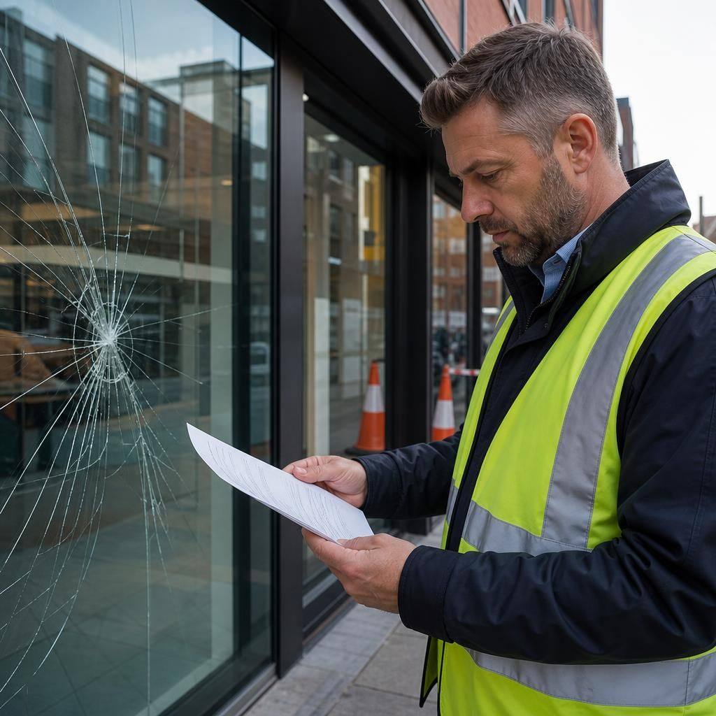 Facilities manager reviewing a commercial glazing repair quotation beside damaged shop-front glass