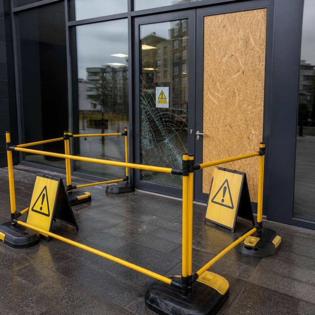 Freestanding safety barriers and warning notices around a damaged commercial glass door
