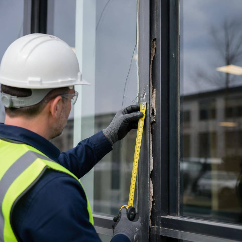Glazier inspecting a damaged commercial window frame with measuring equipment