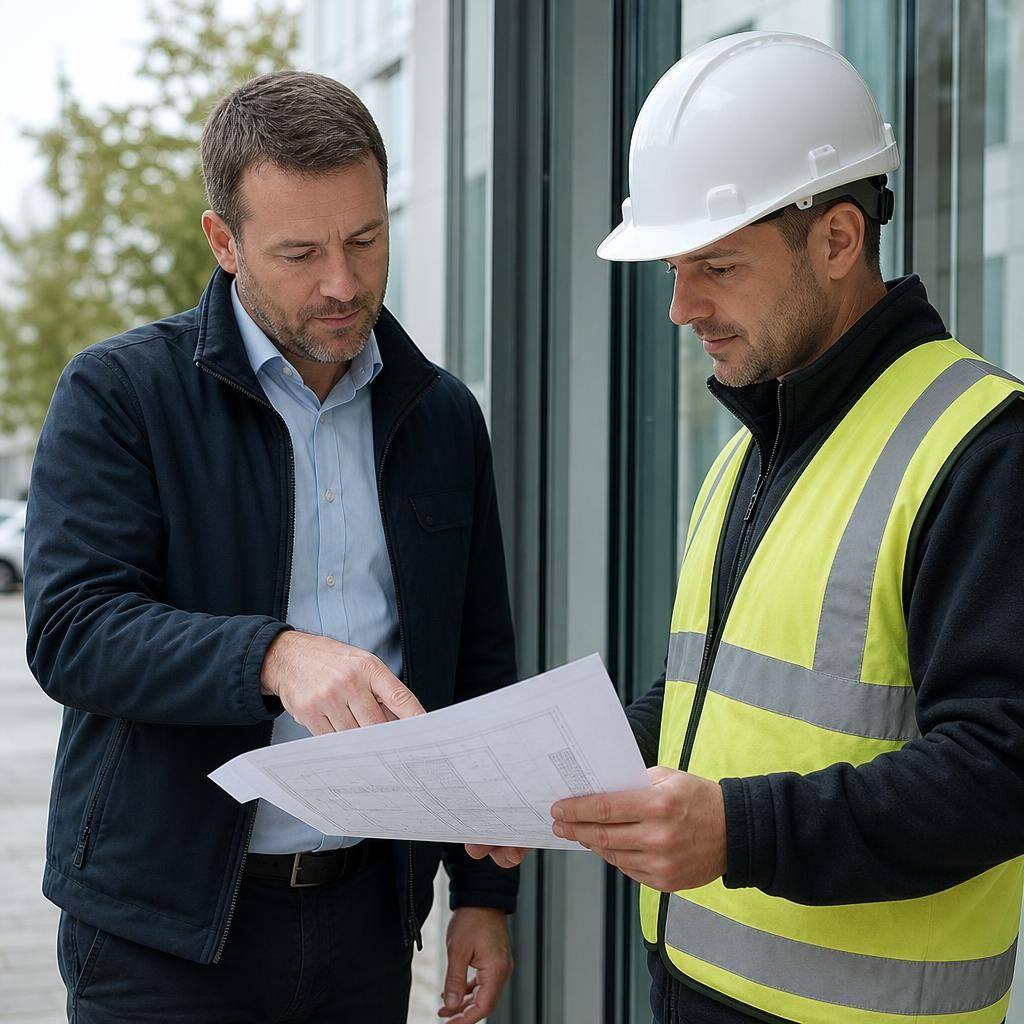 Glazier reviewing repair plans with a facilities manager beside a commercial window