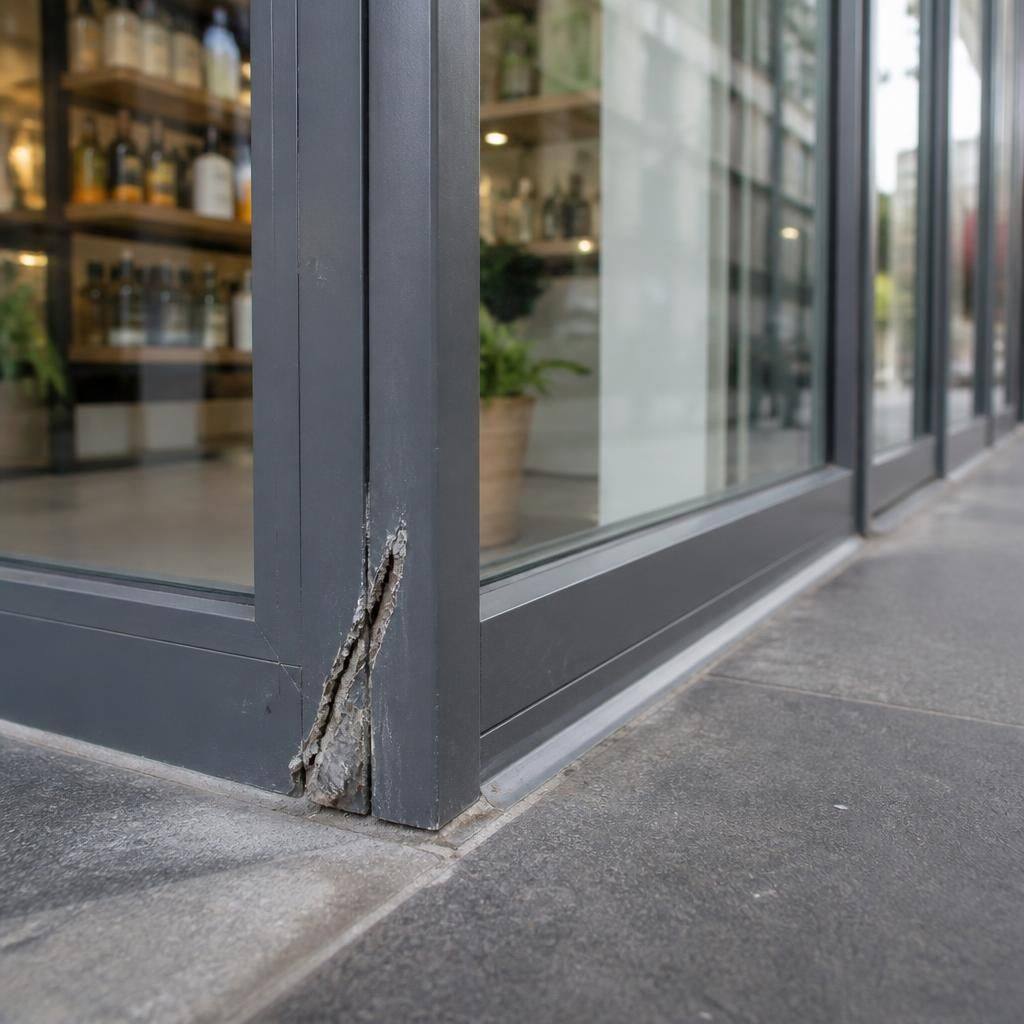 Aluminium shop front frame with a damaged section beside intact glazing