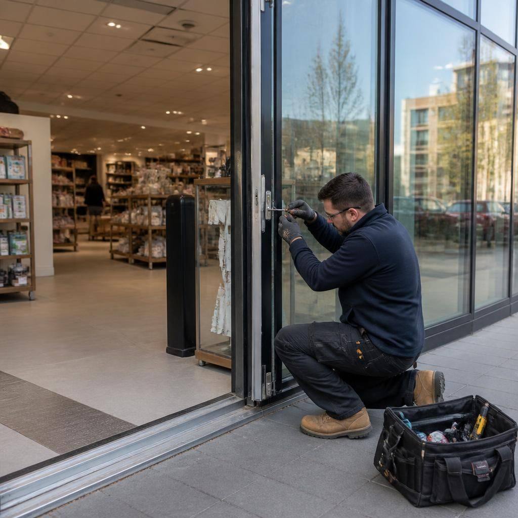 Glazier repairing an aluminium shop front entrance beside a business interior