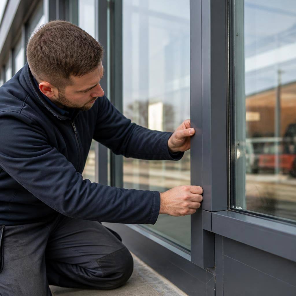 Technician examining the aluminium frame of a glazed shop front