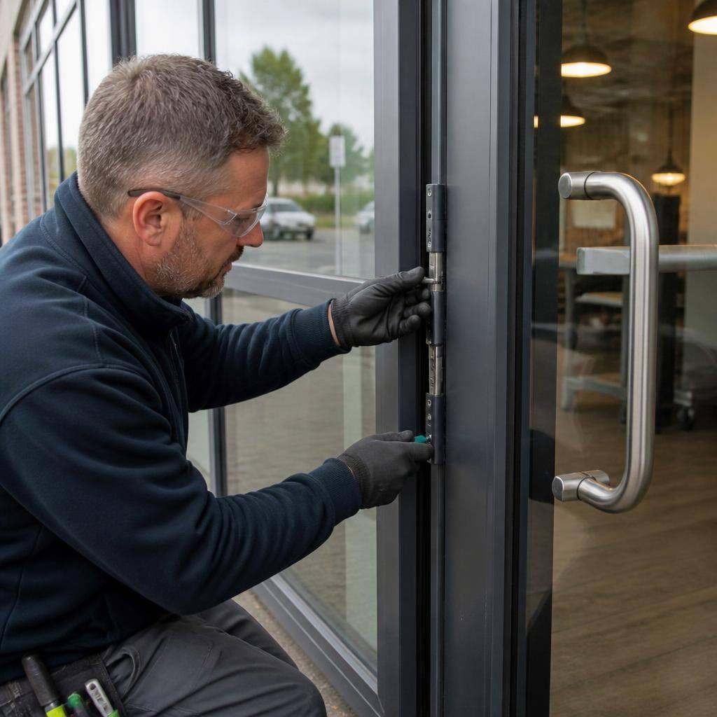 Glazier inspecting the hinges and frame of an aluminium shop front door